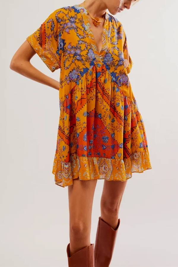Multi-Print V-Neck Ruffle Loose Bohemian Mini Dress
