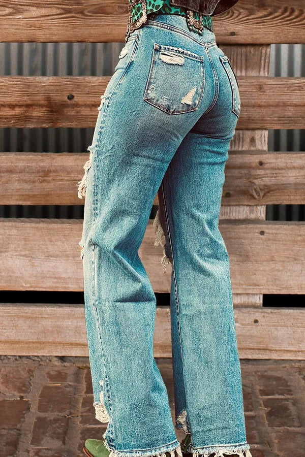 Jean vintage taille haute à trous