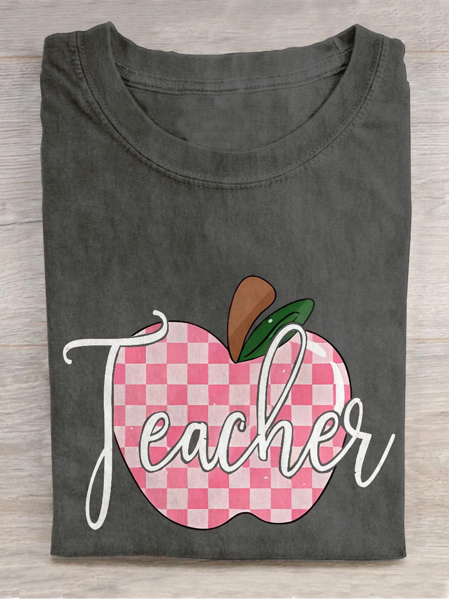 Plaid Teacher Apple Casual Print T-shirt
