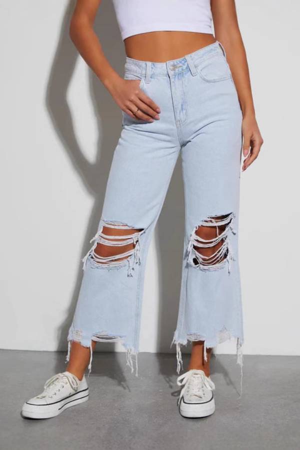 High Waist Ripped Frayed Hem Cropped Wide Leg Jeans
