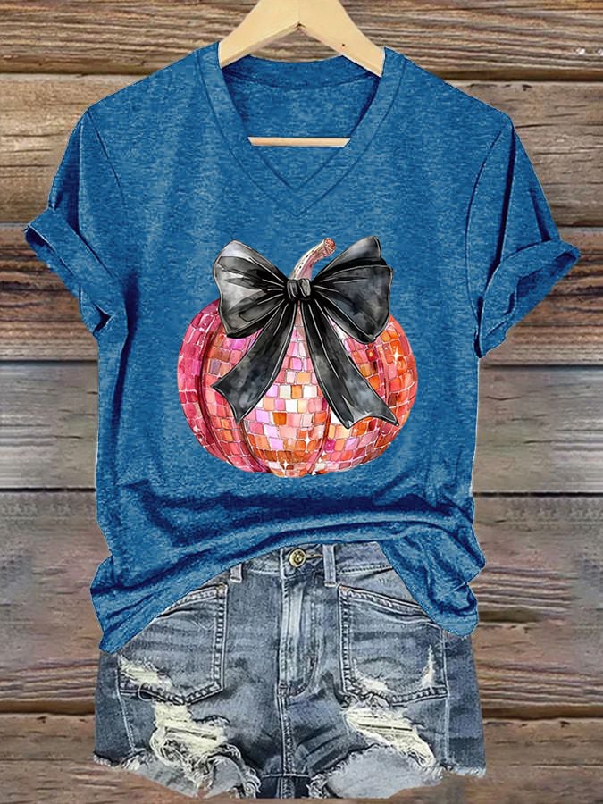 Women's Halloween Pink Sequined Pumpkin Print Casual T-Shirt
