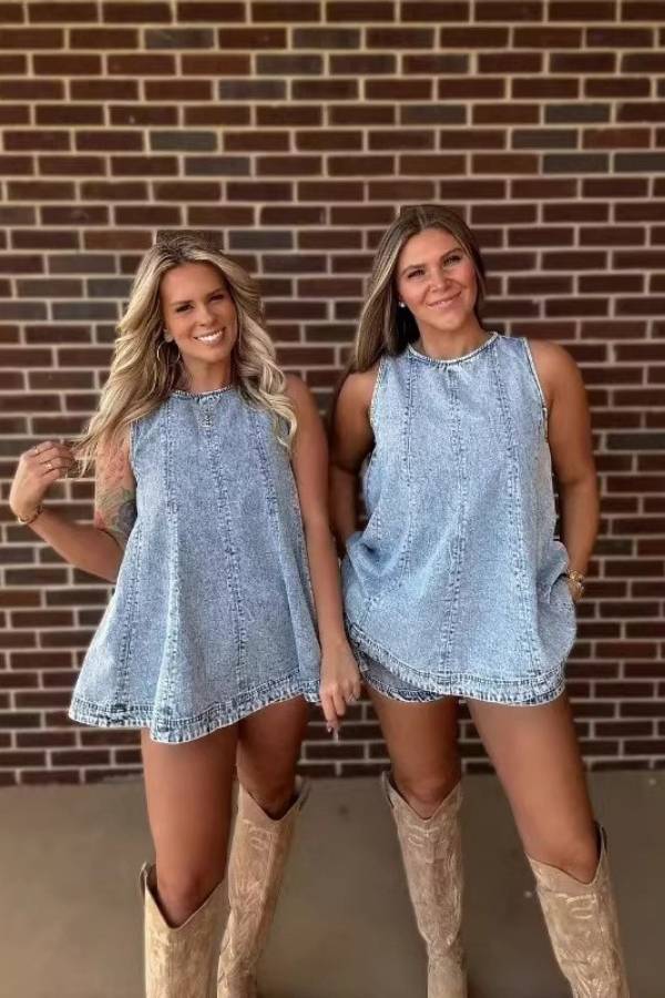 Washed Denim Sleeveless A-Line Tunic & Elastic Waist Shorts Set