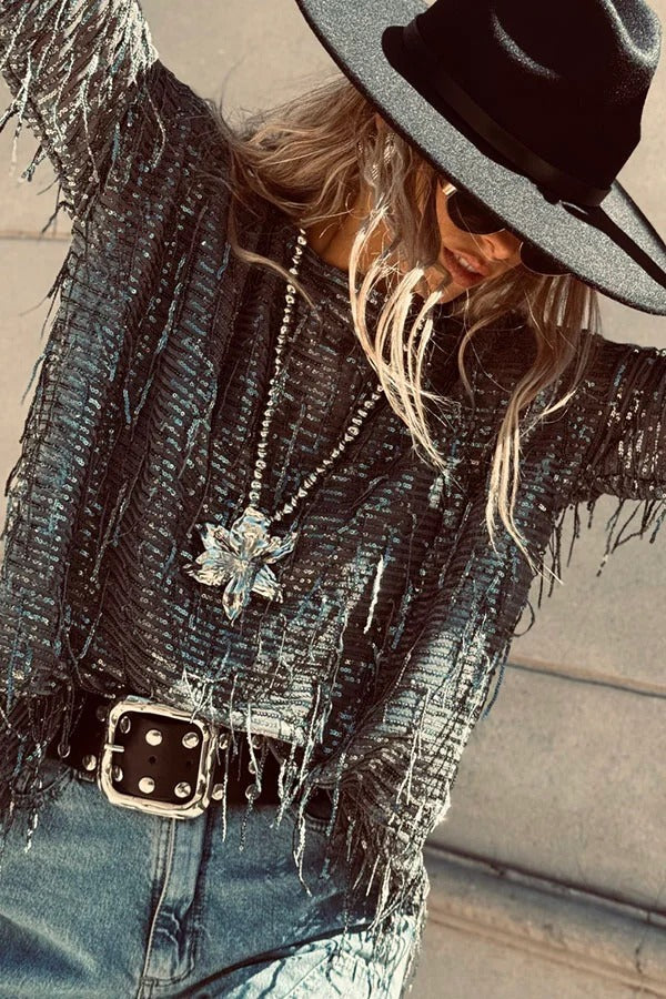 Party Crasher Sequin Tassle Fabric Long Sleeve Loose Top