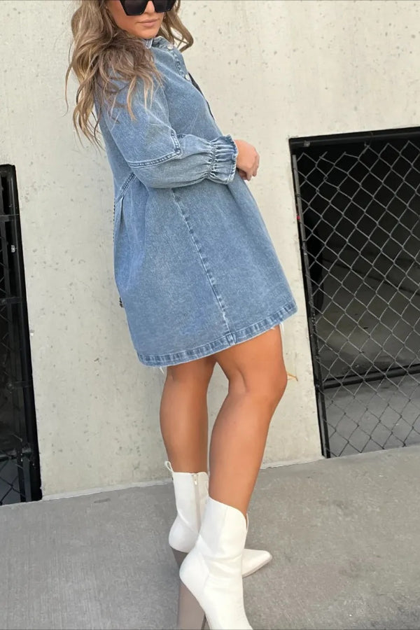 New Washed Denim Puff Sleeve Dress