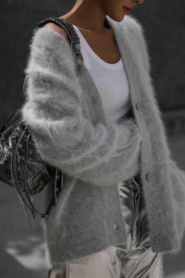 Lazy Fluffy V‑Neck Knit Cardigan