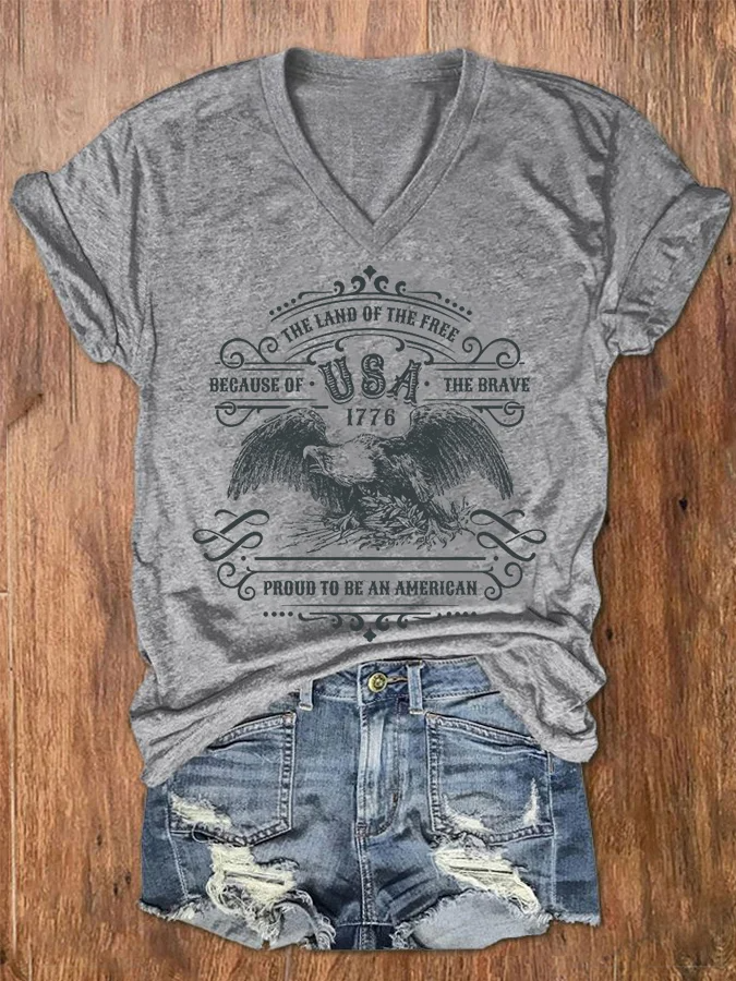 T-shirt décontracté à col en V pour femme, imprimé « Land of the Free Because of the Brave »
