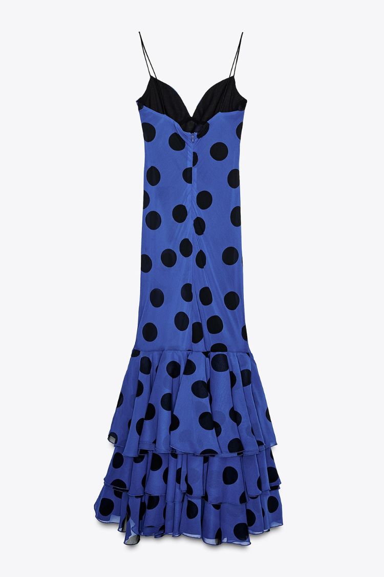Eliora Mesh Polka Dot Print Gathered Bust Layered Fishtail Hem Maxi Dress