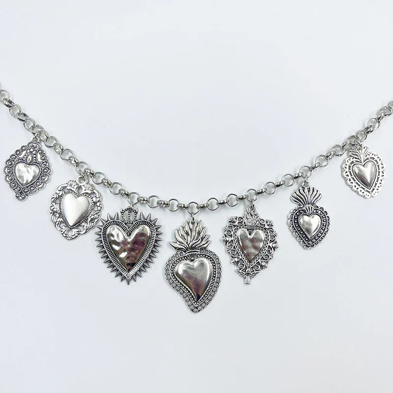 Vintage Religious Sacred Heart Pendant Silver Chain Necklace