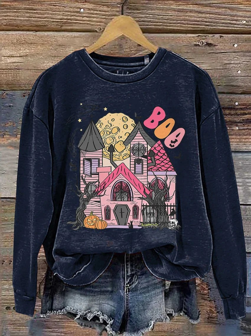 Sweat-shirt imprimé décontracté Castle Ghost Boo Halloween