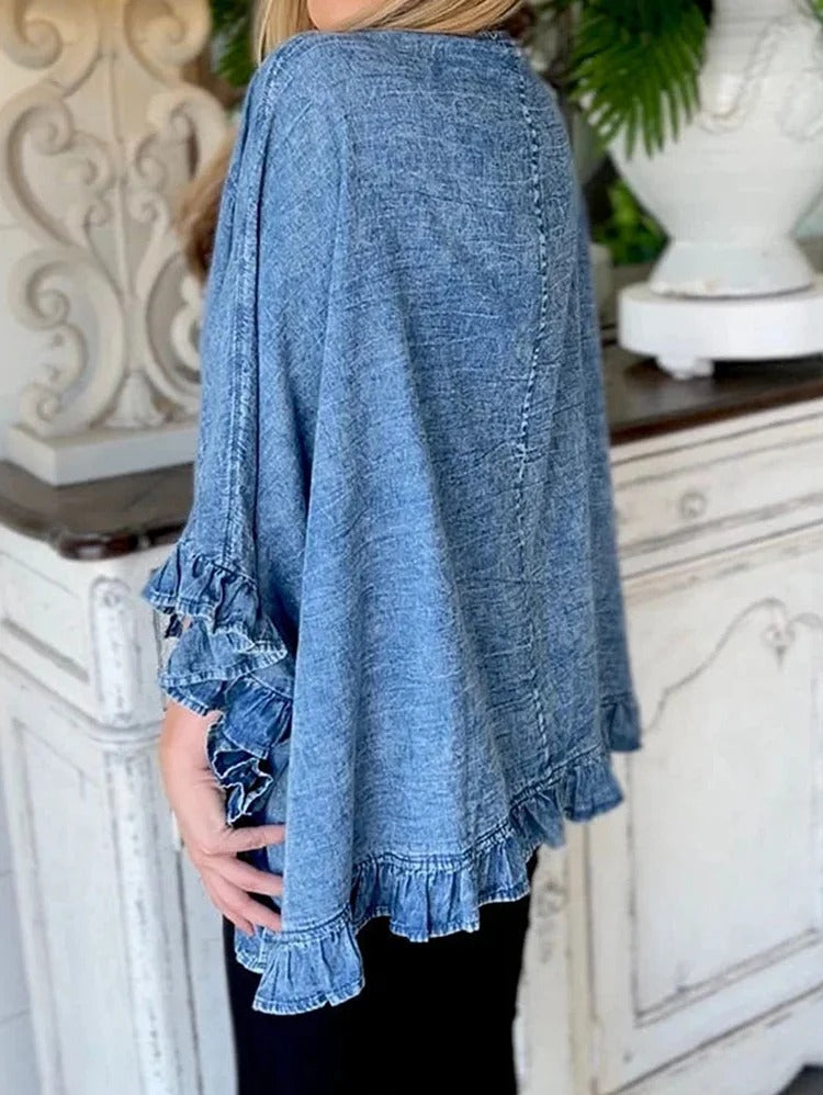 Casual Plain Ruffle Trim 3/4 Sleeve Loose Denim Cardigan