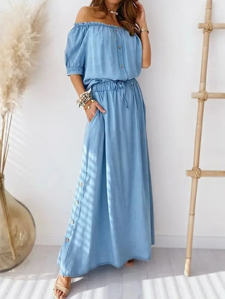 Casual Plain Off Shoulder Frill Trim Short Sleeve Top & Elastic Waist Maxi Skirt 2Pcs Set