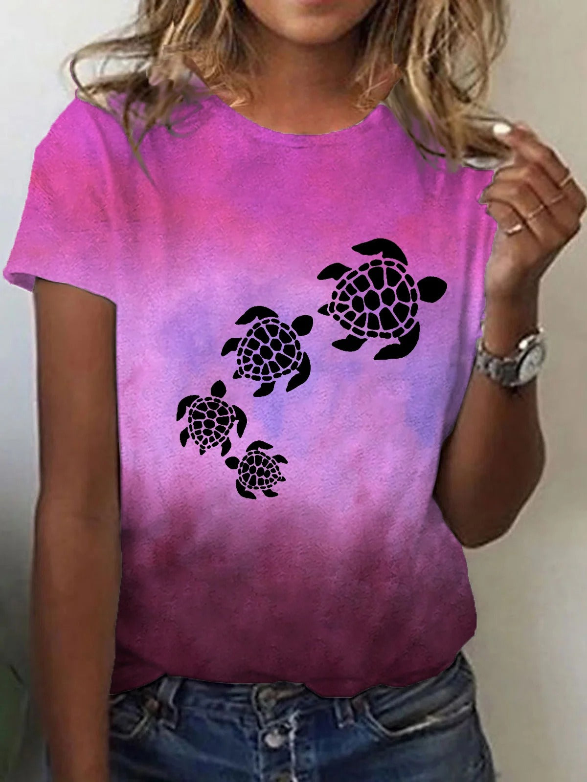 T-shirt décontracté imprimé tortue de plage pour femme