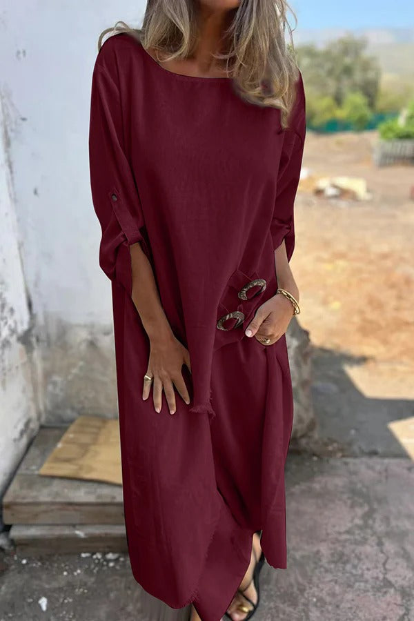 Jamilah Linen Blend Ring Detail Midi Blouse and Elastic Waist Pocketed Loose Pants Set