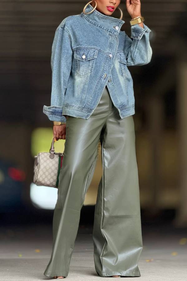 Asymmetric Button Stand Collar Loose Denim Jacket