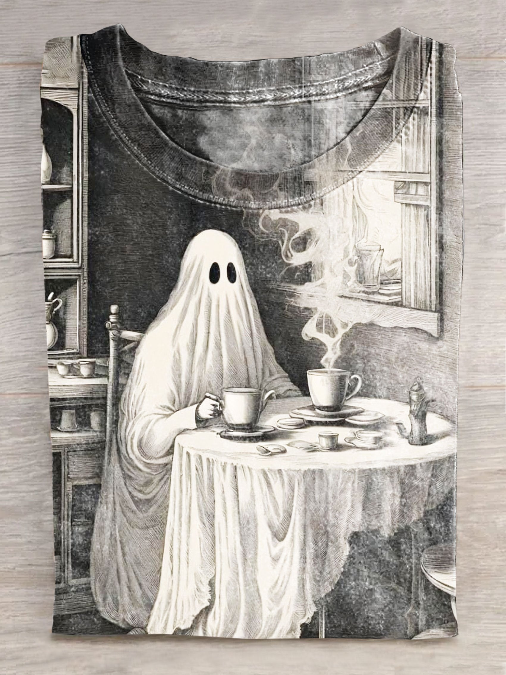 Ghost Morning Coffee Art Print Casaul Short Sleeve T-shirt