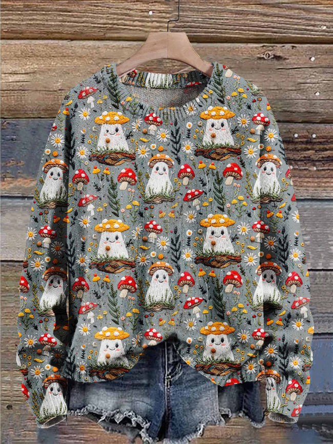 Pull en tricot imprimé artistique d'Halloween, motif champignon et fleur fantôme, saison d'automne