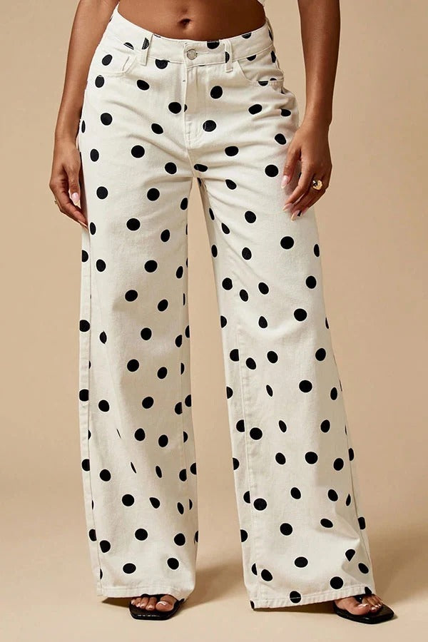 Retro Style Polka Dot Print High Waist Pocketed Wide Leg High Waisted Jeans