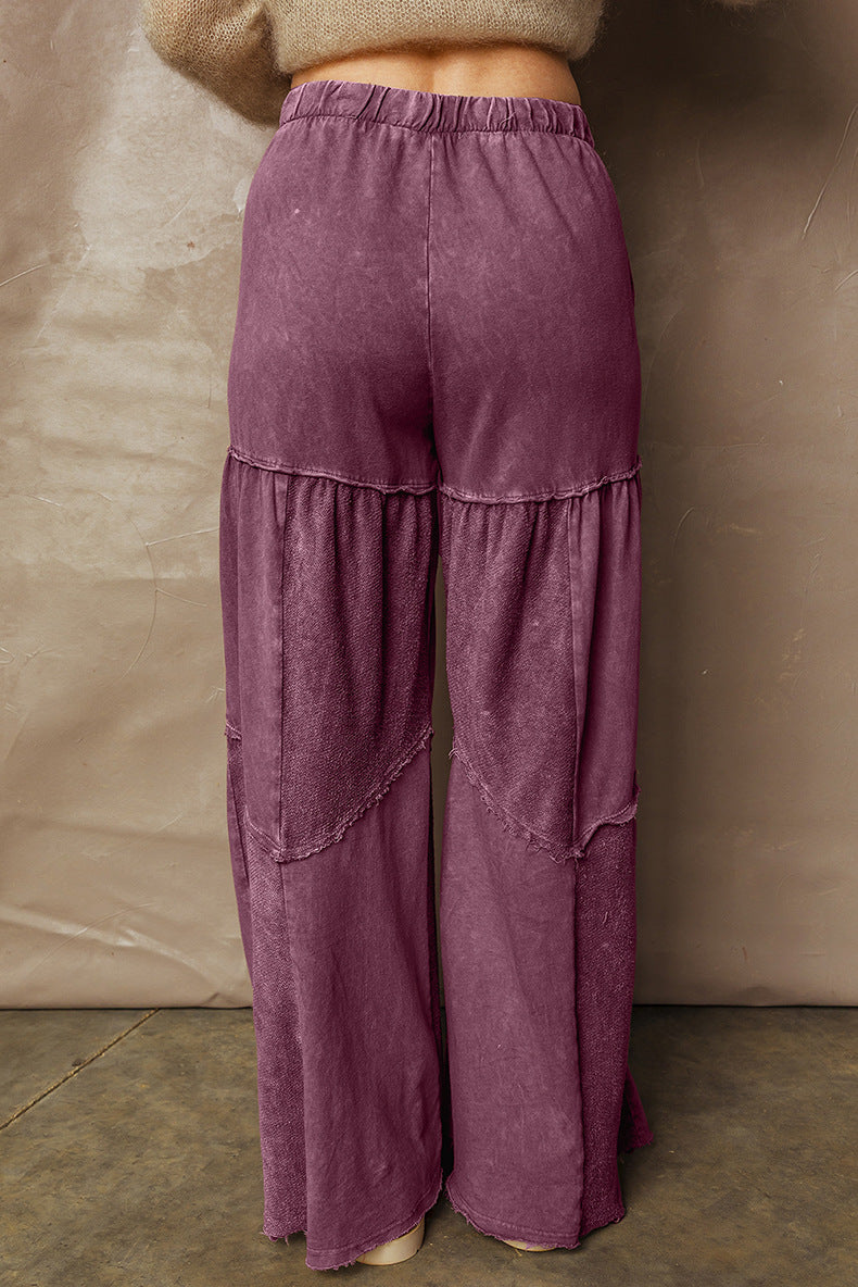 Washed Patchwork Drawstring Wide-Leg Pants