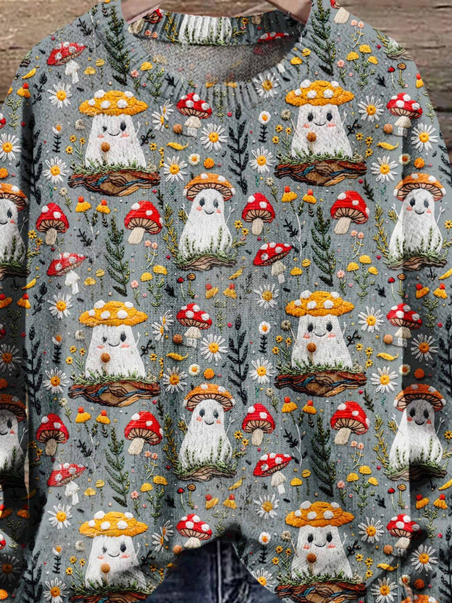 Pull en tricot imprimé artistique d'Halloween, motif champignon et fleur fantôme, saison d'automne