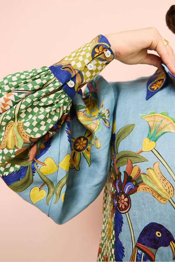 Sun Seeking Unique Heaven Bird Print Balloon Sleeve Button Loose Shirt