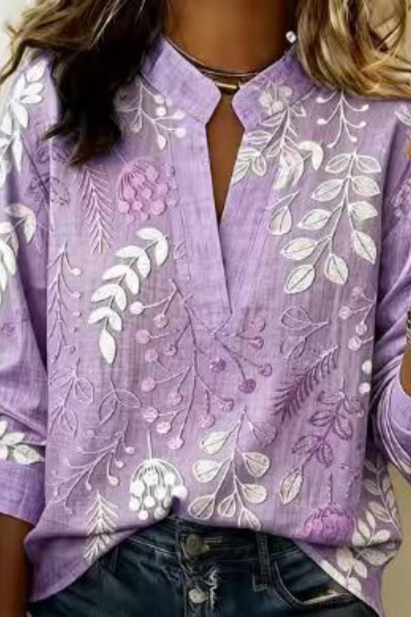 Floral Print Stand Collar Long Sleeve Blouse