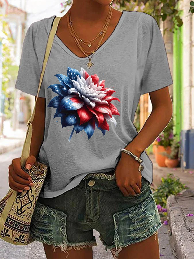 T-shirt col V à imprimé floral pour femme, fête de l'indépendance