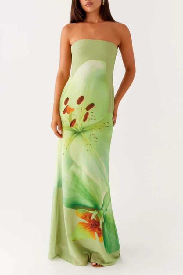 Smooth and Elegant Satin Unique Floral Print Off Shoulder Maxi Dress