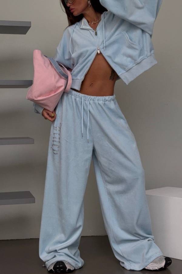 Velvet Rhinestone Cropped Hoodie Wide Leg Pant Set