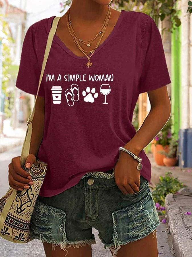 T-shirt décontracté à col en V pour femme avec imprimé pattes de chien « I'm A Simple Woman »