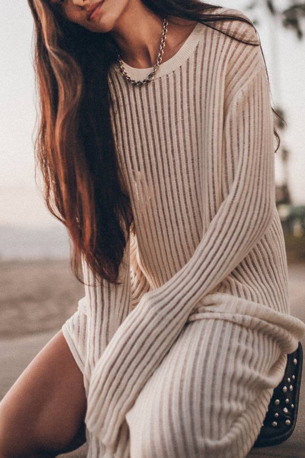 Change Season Sheer Knit Long Sleeve Ribbed Trim Slit Midi Dress