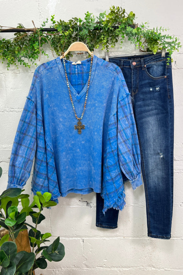 Multicolor plaid asymmetric V-neck T-shirt