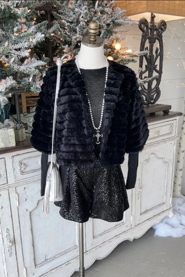 Collarless Rex Jacket with Suede Insert Black