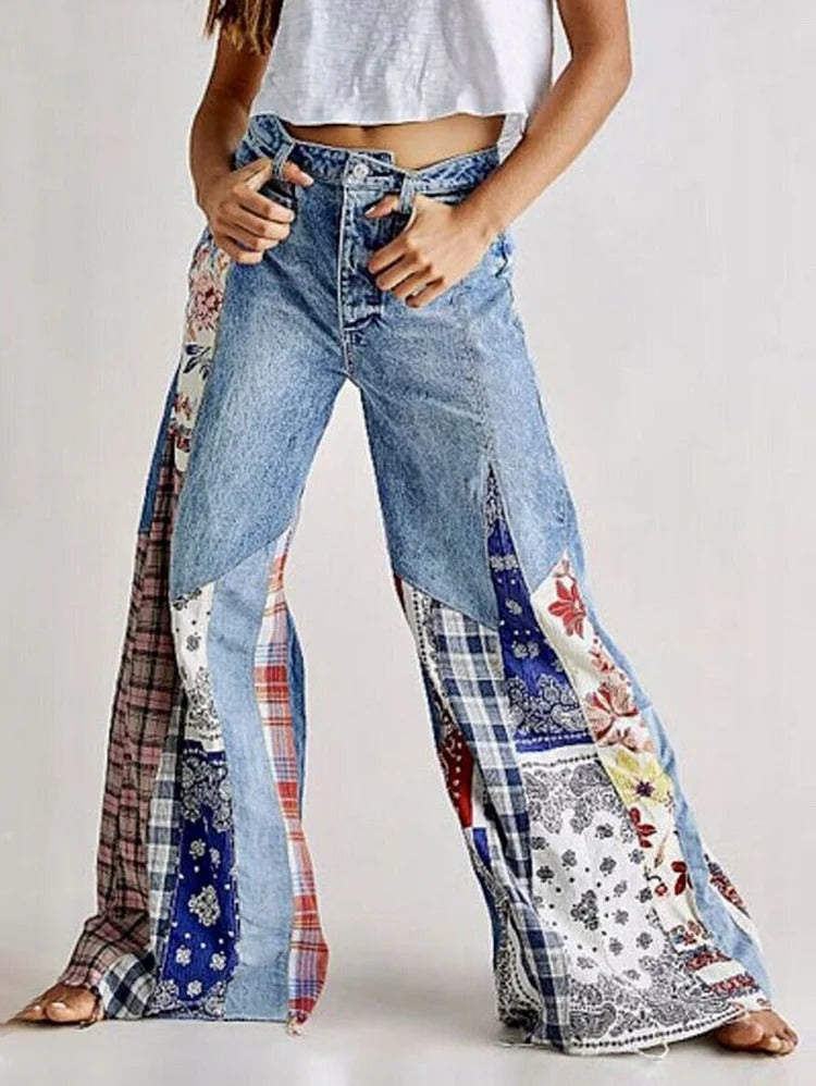 Vintage Denim Boho Patchwork Knopf High Waist Wide Leg Jeans