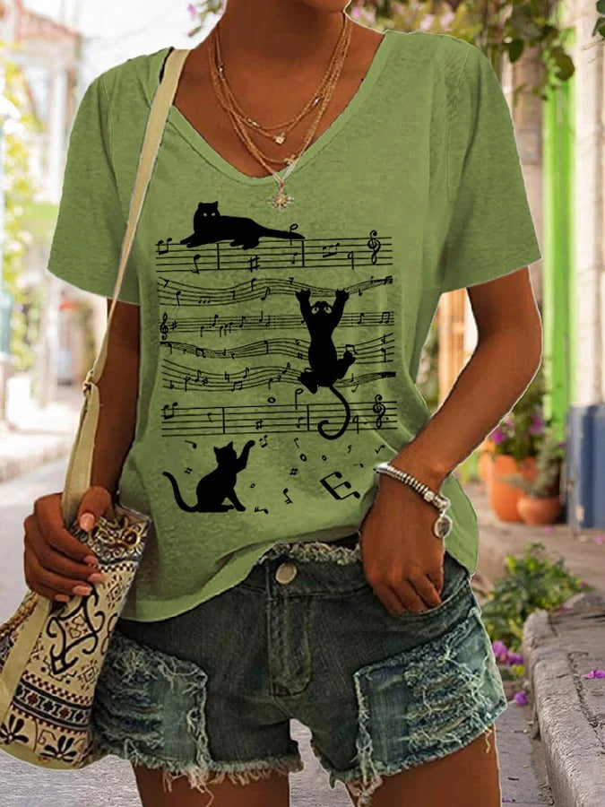T-shirt col V décontracté à imprimé chat au piano pour femme