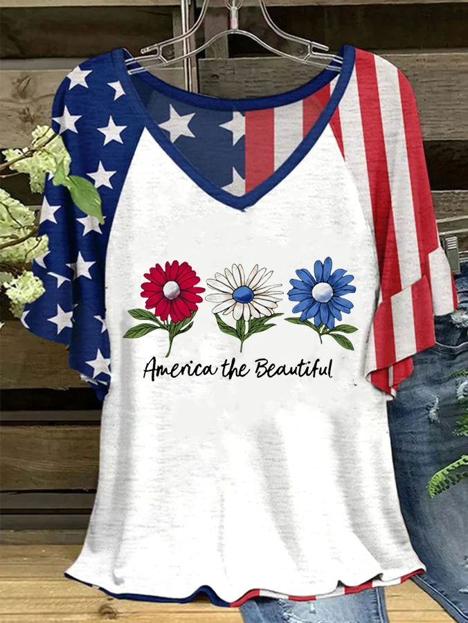 T-shirt à manches courtes imprimé America the Beautiful pour femme