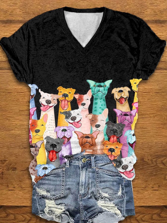 T-shirt col V imprimé chiens colorés et amusants pour femme