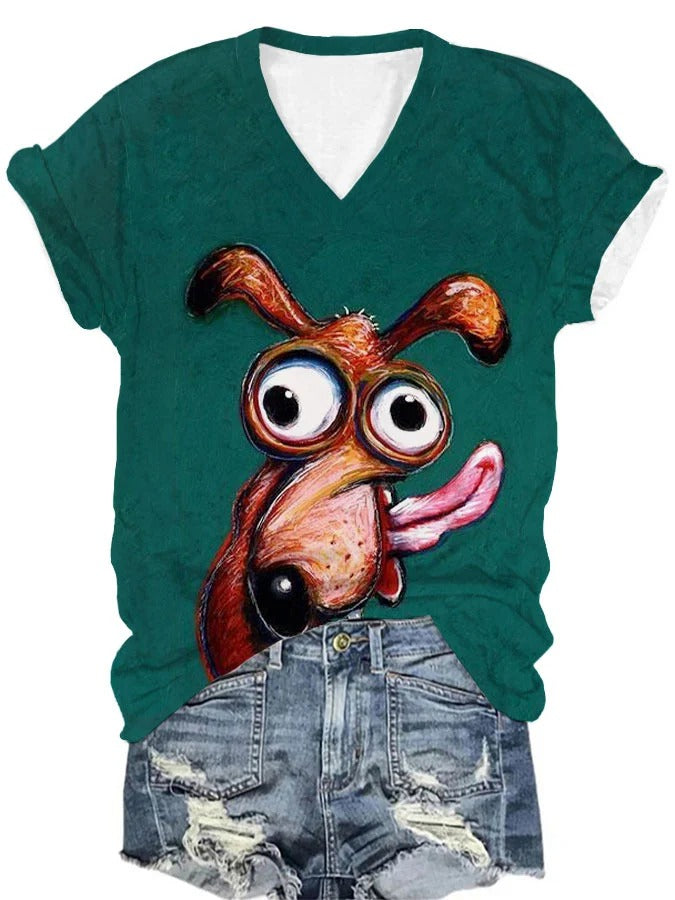 Women's funny dog print v-neck T-shirt