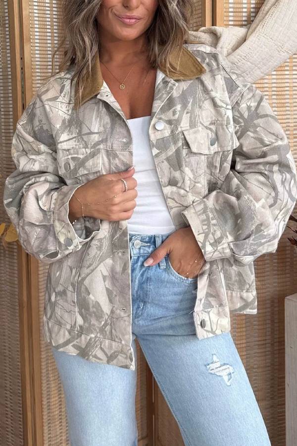 Vintage Leaf Camo Contrast Collar Utility Jacket
