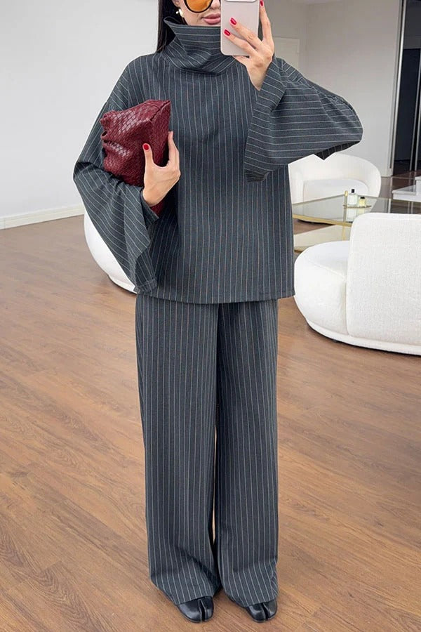 High Level Striped High Neck Long Slit Sleeve Top and Elastic Waist Pocket Loose Pants Set