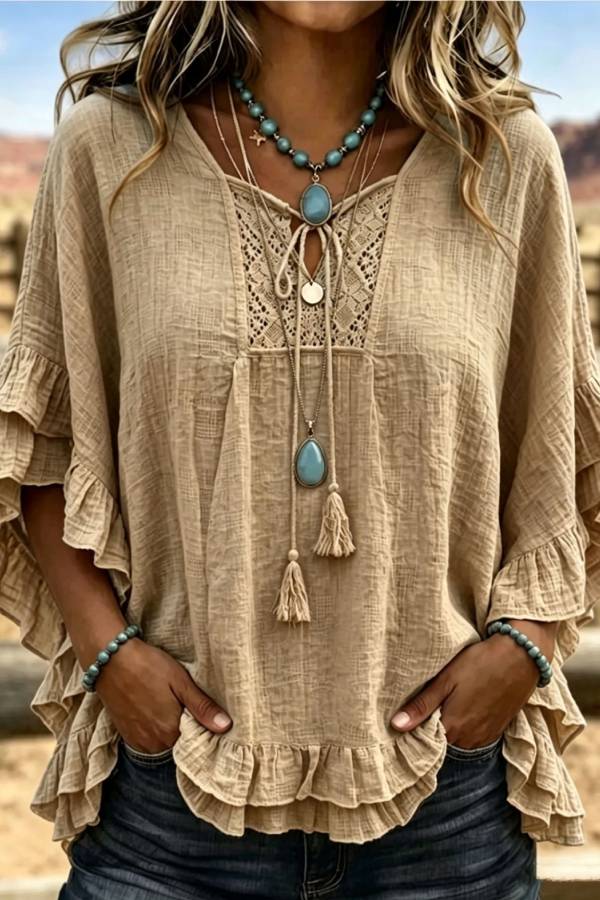 Boho Crochet Tie Tassel Ruffle Sleeve Loose Cotton-Linen Blouse