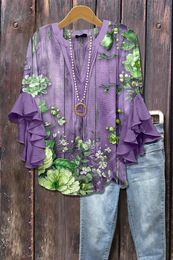 Vintage Floral Print Ruffle Sleeve Top