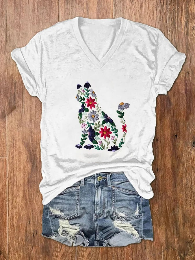T-shirt col V à imprimé chat brodé pour femme