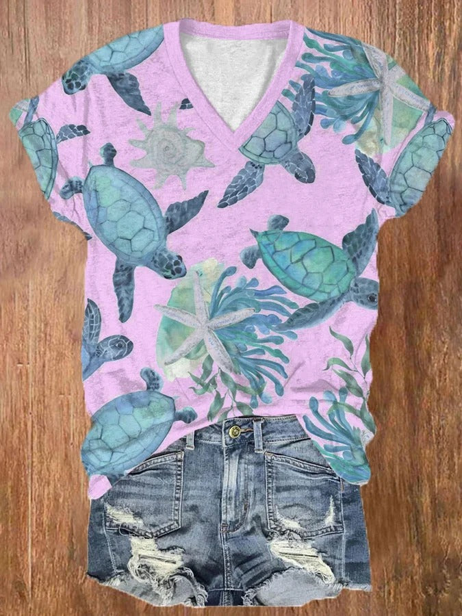 T-shirt décontracté à col en V et imprimé tortue hawaïenne pour femme