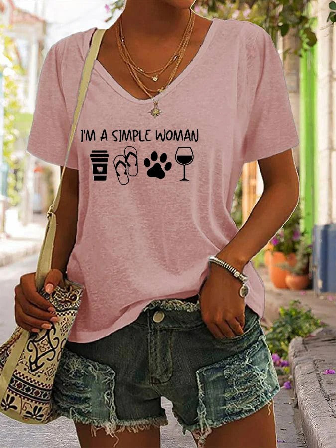 T-shirt décontracté à col en V pour femme avec imprimé pattes de chien « I'm A Simple Woman »