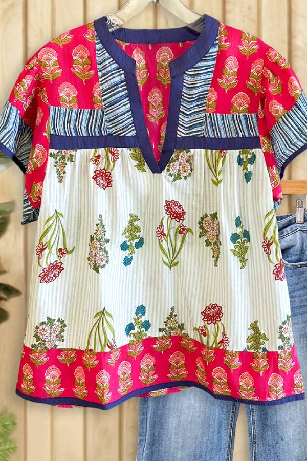 Bohemian Floral Print Patchwork Short Sleeve Top