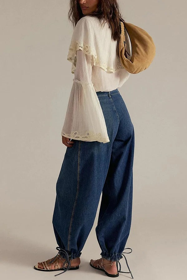 We The Free Denim Mid Rise Pocket Knotted Ankle Hem Lotus Balloon Jeans