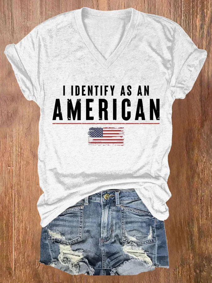 Women's I Identify As An American Print Casual V Neck T-shirt