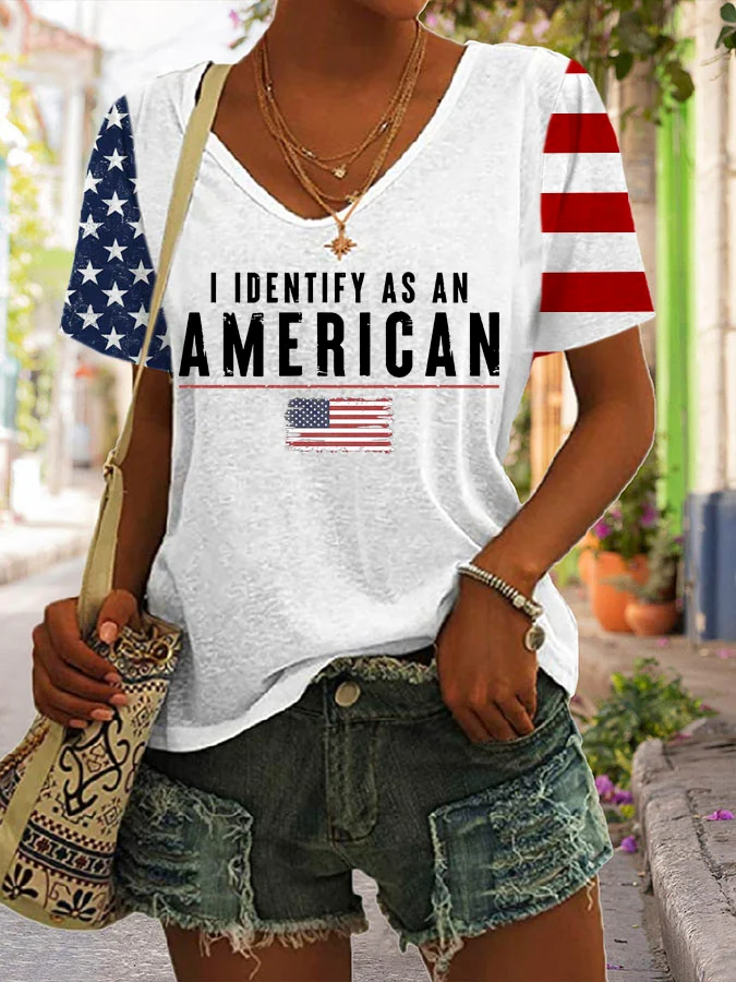 Women's I Identify As An American Print V Neck T-shirt