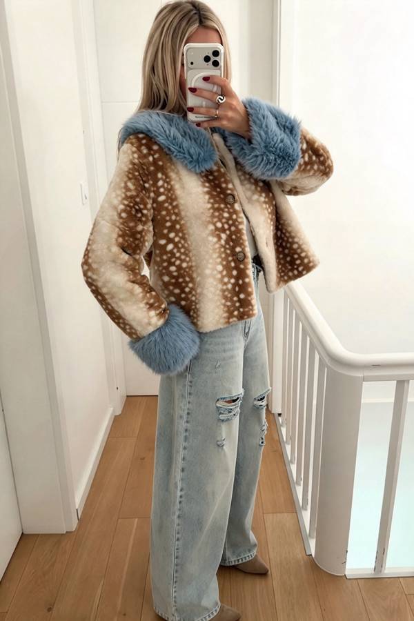 Trendy Faux Fur Spotted-Print Colorblock Furry Collar Button Up Loose Coat