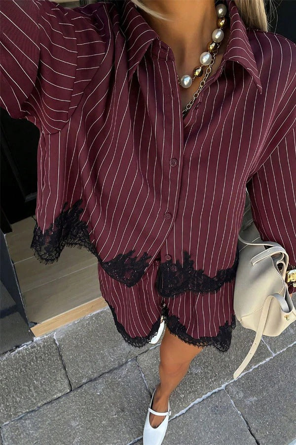 Anna Lace-trimmed Striped Shirt and Shorts Set